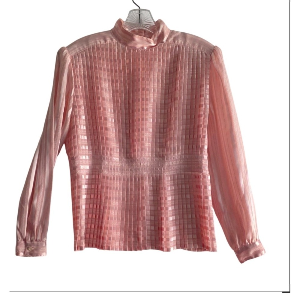 Vintage Petite Illustrations Peach Pink Shiny Satin Blouse 8P Pleats Fitted - Picture 11 of 11